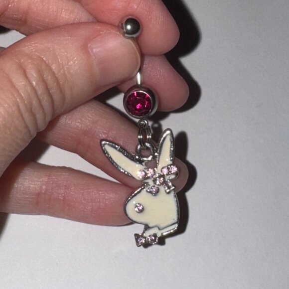Hot Pink and white Play boy-looking Bunny Dangle Belly Ring - Picture 2 of 9
